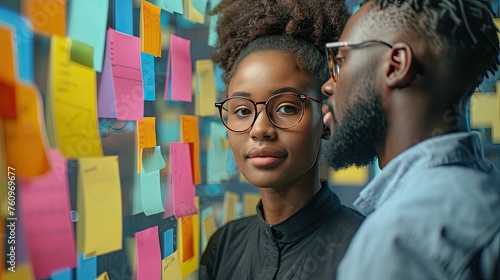young mixer race businesswoman manager explaining strategy ideas on sticky notes on glass wall to male african american colleague looking at strategy scrum presentation business project planning 