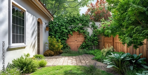 The Enchanting Side Yard of a Residence, Sprinkled with Green Plants and Guarded by a Traditional Wooden Gate