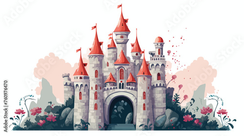 Whimsical fairy-tale castle with turrets and drawbr