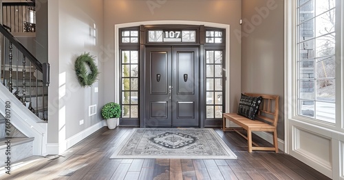 A Magnificent Home Entrance Boasting a Gray Door, Delicate Sidelights, and an Enormous Transom Window
