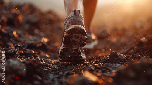 A runner's dusty shoes hit the ground on a rough trail, illuminated by the warm glow of a setting sun.