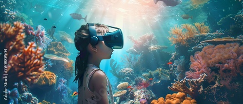 A little girl is wearing VR headset user