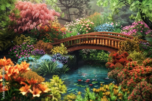 A Lush garden in full bloom featuring a variety of vibrant flowers and a wooden bridge arching over a tranquil pond.