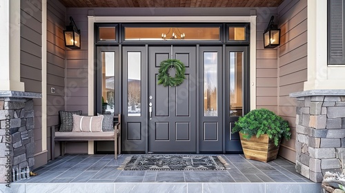 A Stunning Home Entryway Featuring a Gray Door Framed by Sidelights and Crowned with a Spacious Transom Window