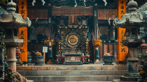 Sacred Shinto Shrine Altar with Traditional Lanterns and Offerings