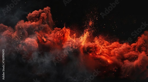 Magical explosion with dark smoke and red lava on black background, digital art