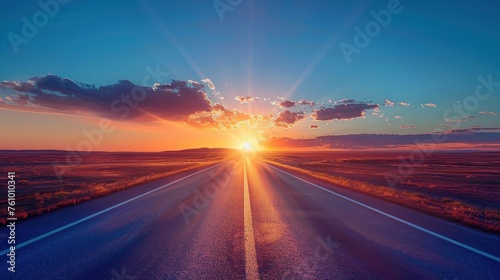 view of the highway with a sunset background. empty street on a beautiful afternoon. a long road stretched in the distance. Ai generated
