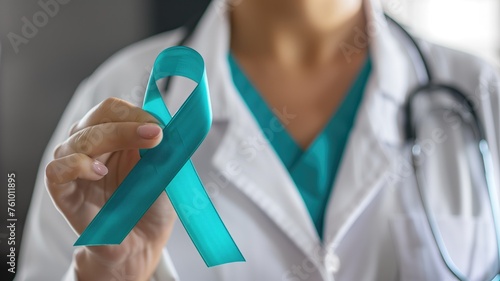 A doctor holds an ovarian cancer awareness ribbon, symbolizing support and care