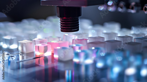 A closeup image of a laboratory setup featuring a small speaker emitting a powerful sound wave towards an array of small precisely p plastic cubes. The cubes are coated in
