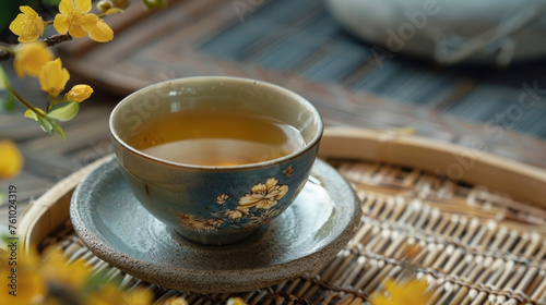 A cup of tea infused with osmanthus flowers believed to have antiinflammatory effects and aid in digestion.