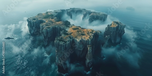 Mysterious island surrounded by mist and crashing waves, highlighting the rugged beauty and isolation of this remote landform in the ocean