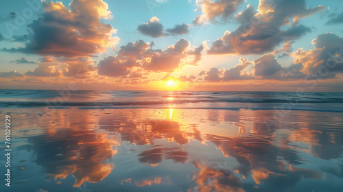 The sun ascends above the horizon, casting a golden glow and painting the clouds, with reflections shimmering on the serene beach waters.