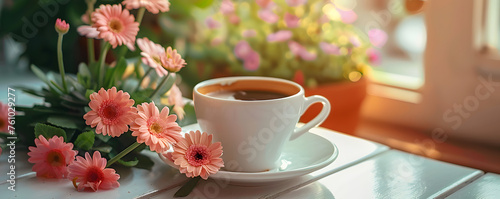 A white cup of coffee shares a sunny window sill with vibrant pink gerbera daisies, welcoming a cheerful morning.