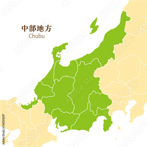 日本の中部地方、中部地方の各県と周辺の地図