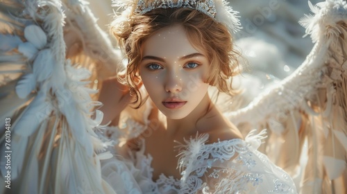 The woman is elegant in a white lace dress with tulle and feathers. Decorated with a crystal crown and angel wings. while exploring fairy tales