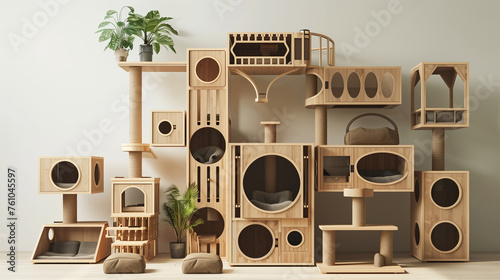 Convertible Design: An illustration showcasing a versatile cat tree condo with modular components that can be rearranged and customized to suit cats of all ages, sizes, and preferences.