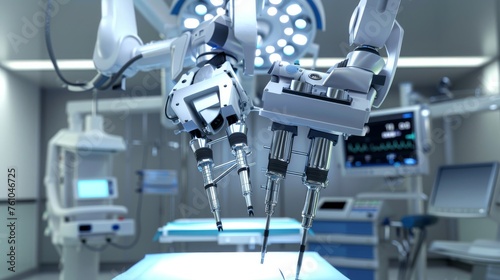 A high-tech robotic surgical system with articulated arms and precision instruments, ready for use in a surgical theater