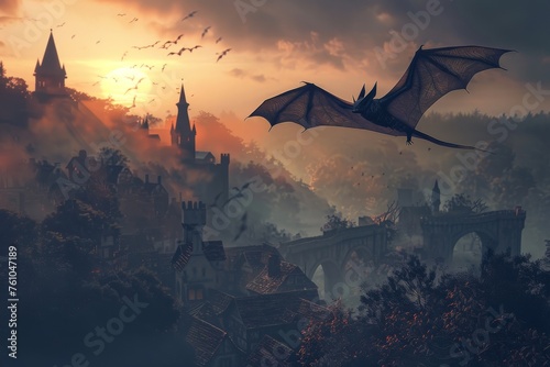 An ancient vampire bat, its wings spread wide, casting a terrifying shadow over a medieval village at dusk