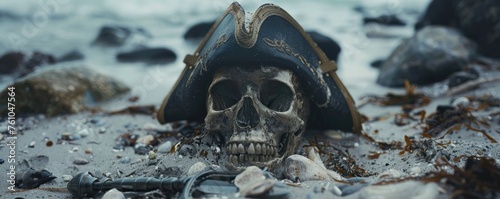 Swashbucklers final rest Skull with a captains hat and sword on the shore