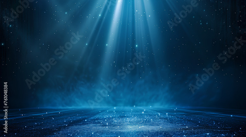 A blue sky with a lot of stars and a bright light shining down on it. The light is so bright that it is almost blinding