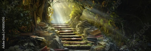 A fantasy painting of an ancient stone staircase leading up to the entrance of a dense, dark forest with rays of sunlight piercing through