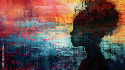 A captivating painting of a black womans head against a colorful background, showcasing a blend of vibrant hues and intricate details, juneteenth background a day of freedom