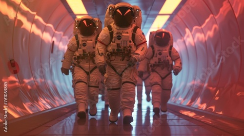 A group of astronauts walk down a spacious brightly lit corridor surrounded by walls that pulse with a gentle rhythmic inflation and deflation.