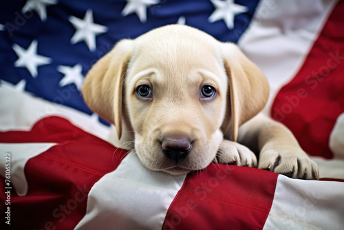 Labrador puppy lying on American flag background with free space for copying. Flag Day, Dog Day