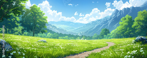 A beautiful natural landscape in anime style illustration featuring mountains, trees, and colorful flowers with a peaceful and tranquil atmosphere.