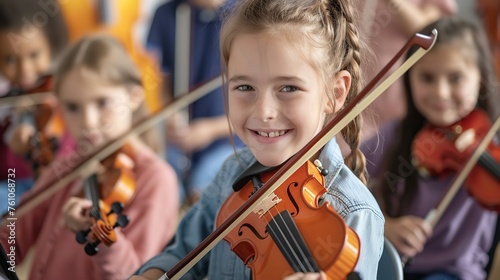 In a music class, young female students devote themselves to learning the violin focusing on music and space, Generative AI.