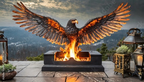 an elegant and functional eagle-shaped double fire fireplace for indoor or outdoor settings. The composition should showcase the eagle's graceful form with open wings, incorporating dual fire pits for