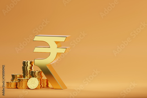 3D rendering Indian Rupee sign, Indian rupee sign and golden coin, Financial and banking about house concept, Investment and financial success concept background.