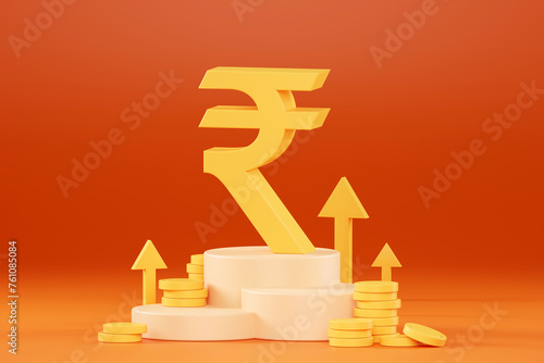 3D rendering Indian Rupee sign, indian rupee sign and golden coin with arrow pointing upwards background,Investment and financial success concept background.