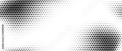 Hexagon halftone gradient texture. Abstract black grunge background. Geometric retro halftone tech overlay. Fading wavy hexagonal pattern backdrop. Vector vanishing honeycomb grunge bitmap wallpaper