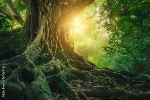 Discover the hidden treasures of an ancient forest filled with towering trees and mystical creatures with a nature background, capturing the essence of enchantment, Generative AI