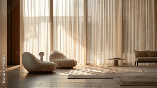 Luxurious living room with floor-to-ceiling sheer curtains and sleek modern seating