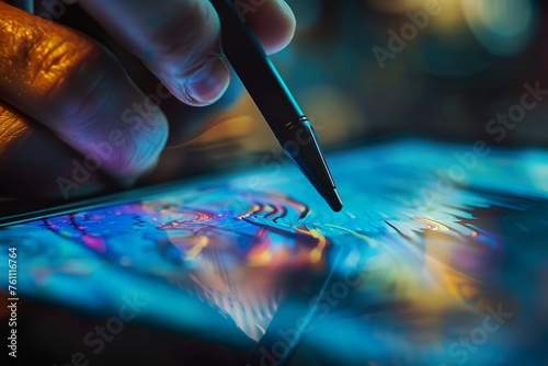 Close-up of a digital tablet with a stylus, highlighting digital art creation or graphic design.