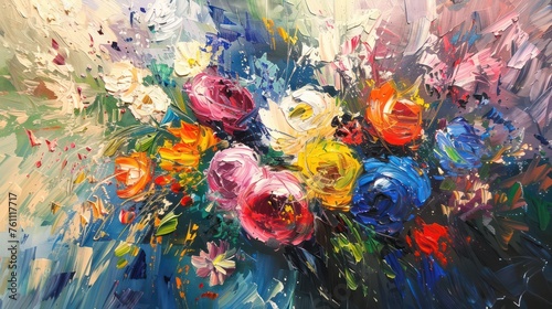 A burst of color defines this impasto oil painting with thick, textured brush strokes creating an abstract floral scene