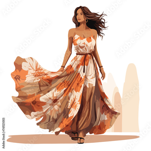 A boho-chic maxi dress illustration with flowing fa