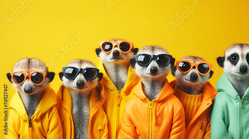 Funny mongooses in glasses and wearing clothes 