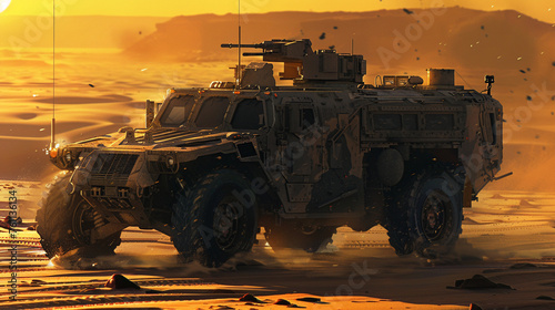 The harsh desert sun glints off the armored surface of the military vehicle.