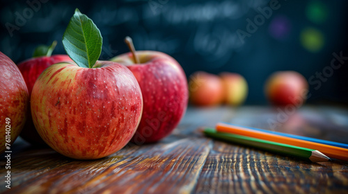 A diverse group of ripe, colorful apples peacefully rest atop a rustic wooden table