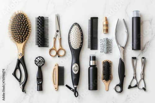 Different types of hair brushes and combs neatly arranged together on a clean surface, A set of professional hairdressing tools arranged neatly, AI Generated