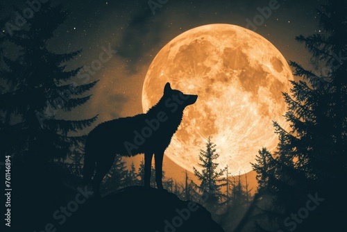 A wild wolf stands majestically on a hill, silhouetted against the backdrop of a full moon, A silhouette of a lone wolf against the moon, AI Generated