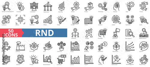 RND icon collection set. Containing research and development, innovative, corporation, government, improving, services, product icon. Simple line vector