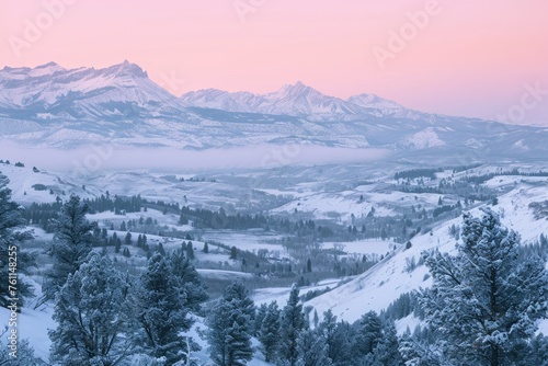 Majestic Snow-Covered Mountain Range View, A soft pink sunrise over snow covered mountains and valley filled with evergreens, AI Generated