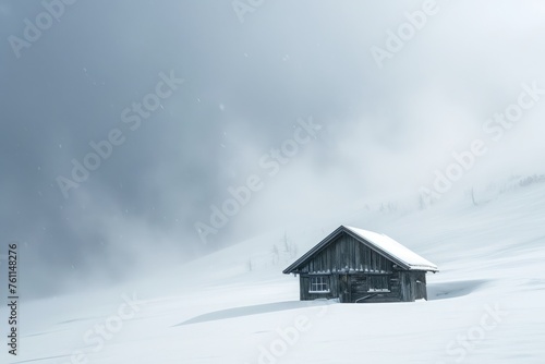 A small cabin sits in the middle of a snowy field, blending in with its surroundings, A solitary hut standing defiantly against a howling blizzard, AI Generated