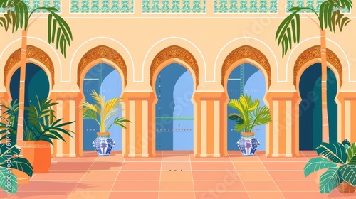 Building border in Morocco, long oriental arab background. Moroccan, Marrakech, Medina houses, traditional Eastern arches decor. Flat modern illustration.