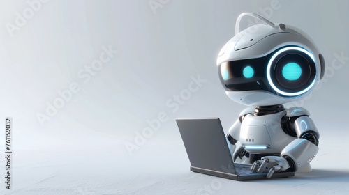 Cute friendly artificial intelligence robot using laptop computer with white neon glow light, light grey background, chatbot and AI assistant concept futuristic technology 3d illustration, banner