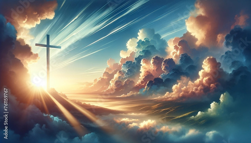 An image of a painting of the sky, clouds, and sun rays, featuring a Christian cross - Generative AI
